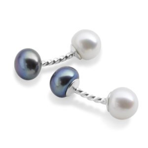 White and blue freshwater pearl cufflinks for men.