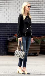 Pregnant Nicky Hilton looks like pure royalty in a pearl embellished sweater. Check out that awesome purse with the pearl straps.