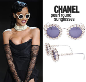 Rihanna wearing her vintage Chanel pearl rimmed round sunglasses