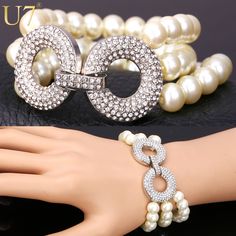 Layered Pearl Bracelet with Rhinestone Connector