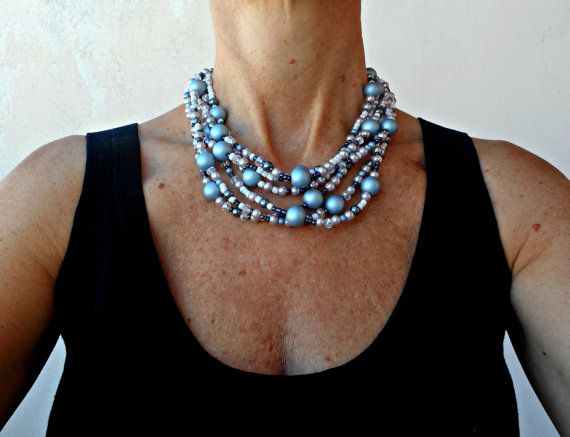 Layers of blue pearl necklaces