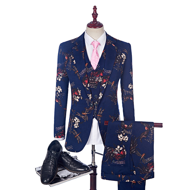 Men's Blue Floral Print Suit