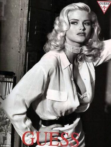 Anna Nicole Smith Sporting a Pearl Choker in a GUESS campaign ad.