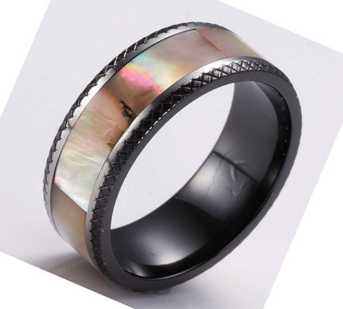 Men's Mother of Pearl Inlay Wedding Band in Black Zirconium