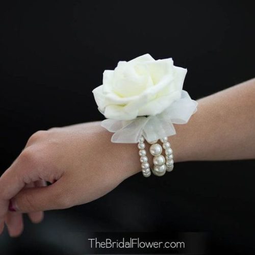 Elegant Rose Wrist Corsage Set on a Pearl Bracelet