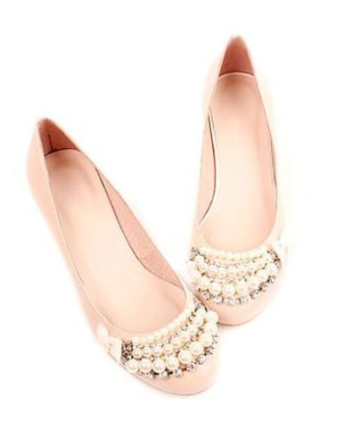 Sweet Pink Round Toe Flat Sheepskin Pearl Prom Shoes