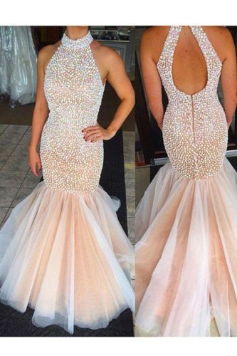 Tulle Mermaid Prom Dress Embellished with Pearls