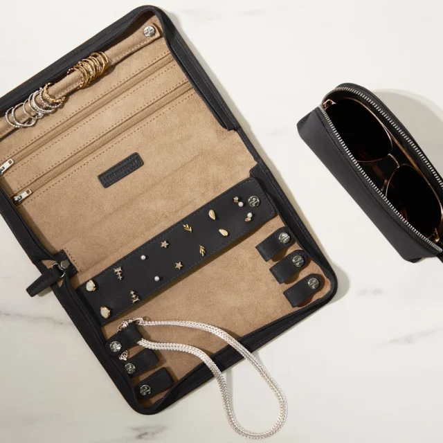 Leather travel jewelry case and matching sunglasses case—black leather travel accessories.