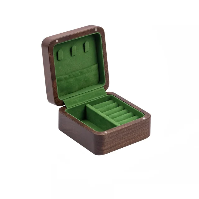 Walnut jewelry box with green lining