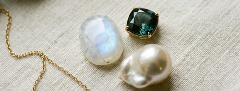 Pearl, alexandrite, and moonstone.