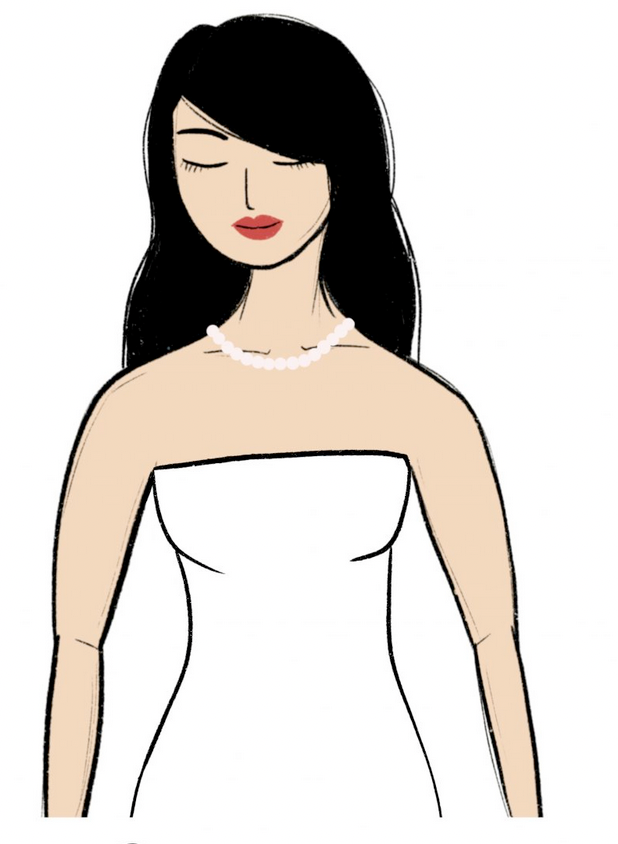 Illustration of a woman in a strapless dress wearing a short pearl choker that sits close to the base of the neck.