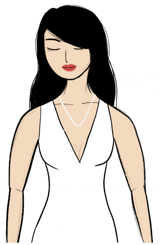 Illustration of a woman in a deep V-neck dress wearing a long single-strand pearl necklace that follows the plunge of the neckline.
