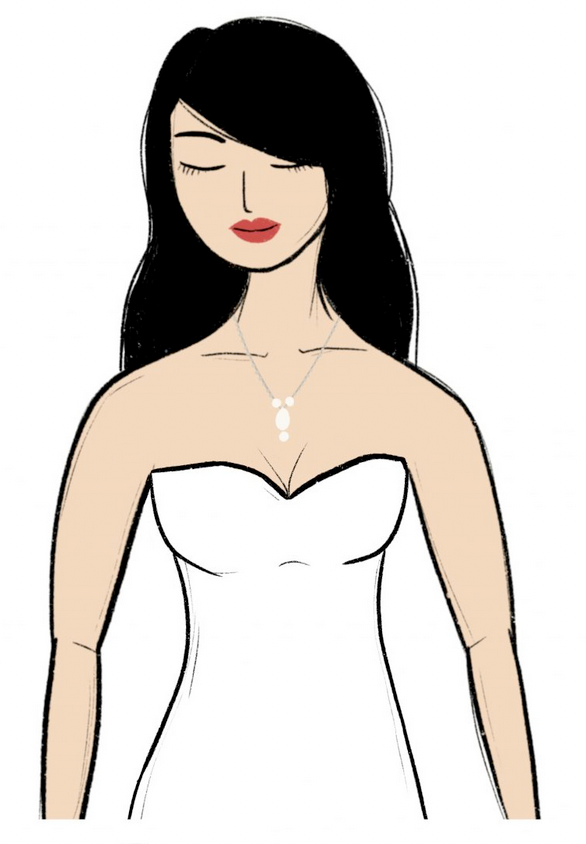 Illustration of a woman in a sweetheart-neckline dress wearing a delicate pearl pendant necklace that echoes the curve of the neckline.