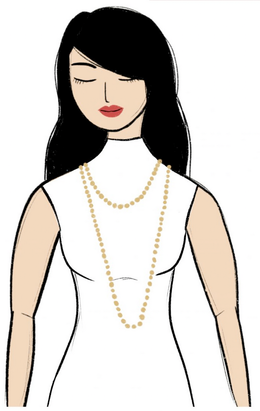 Illustration of a woman in a high, sleeveless neckline wearing two layered gold beaded necklaces at rope length, worn doubled over the fabric.
