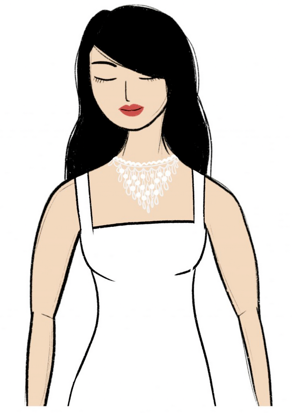 Illustration of a woman in a square-neckline dress wearing an elaborate bib-style pearl necklace that fills the open neckline.
