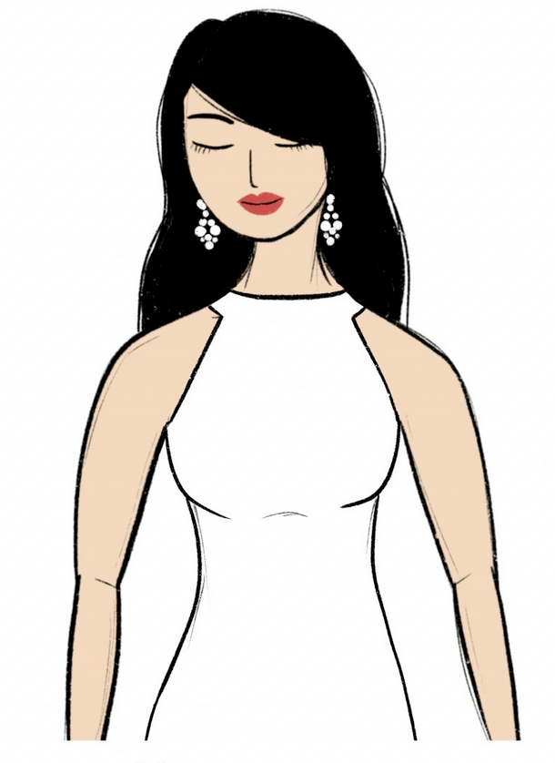 Illustration of a woman in a halter-neckline dress wearing statement pearl drop earrings and no necklace.