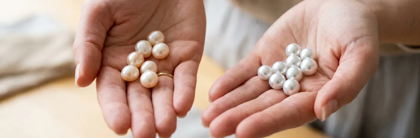 Two open hands holding loose round pearls, with cream-toned pearls in one palm and brighter white pearls in the other.