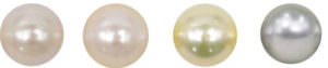 Four loose round pearls side by side showing different natural colors — white, pink, cream/gold, and gray.