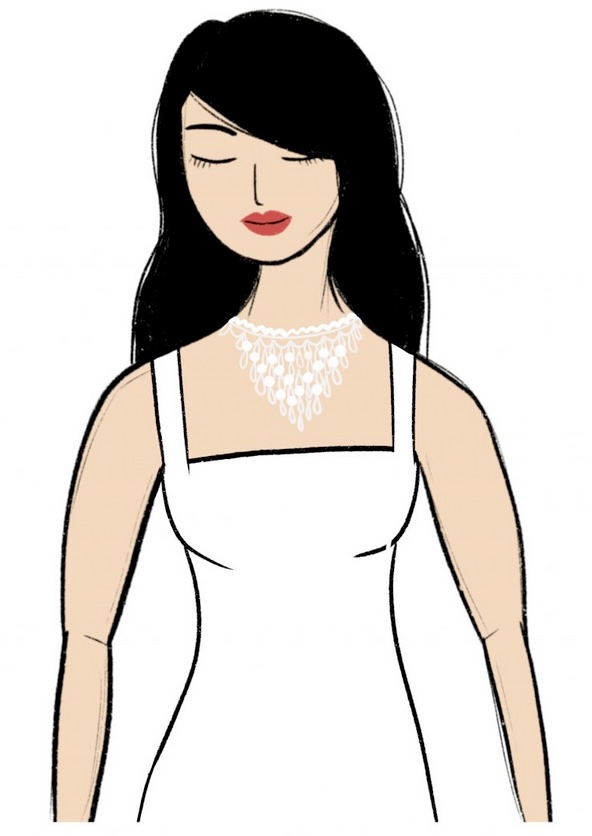 Illustration of a woman in a square-neckline dress wearing an elaborate bib-style pearl necklace that fills the open neckline.